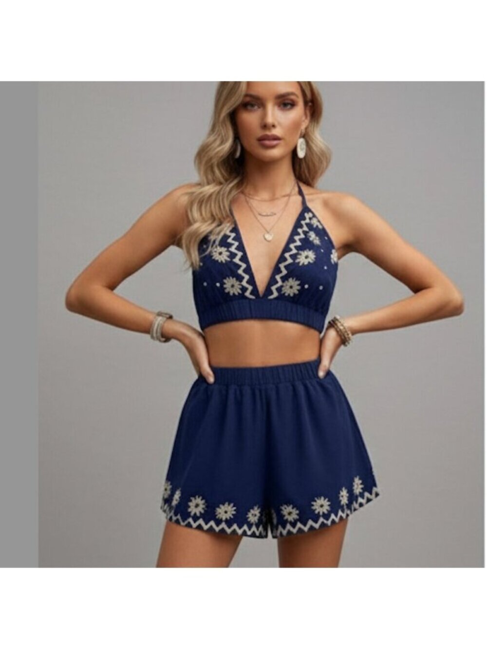 LAST ONE 🔥 Floral Embroidery Crop Tank Top And Loose Shorts Set Blue - Picture 1 of 10